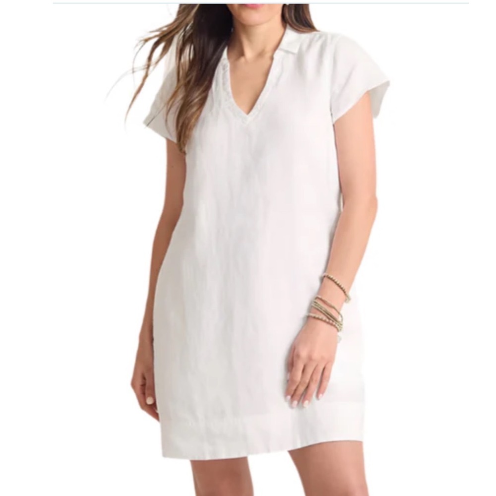 Tommy Bahama White Linen V-Neck Short Sleeve Shift Tunic Dress with Pockets L